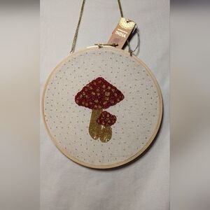 Hand Beaded Embroidery Red Mushrooms Hoop Wall Decor New with Tag